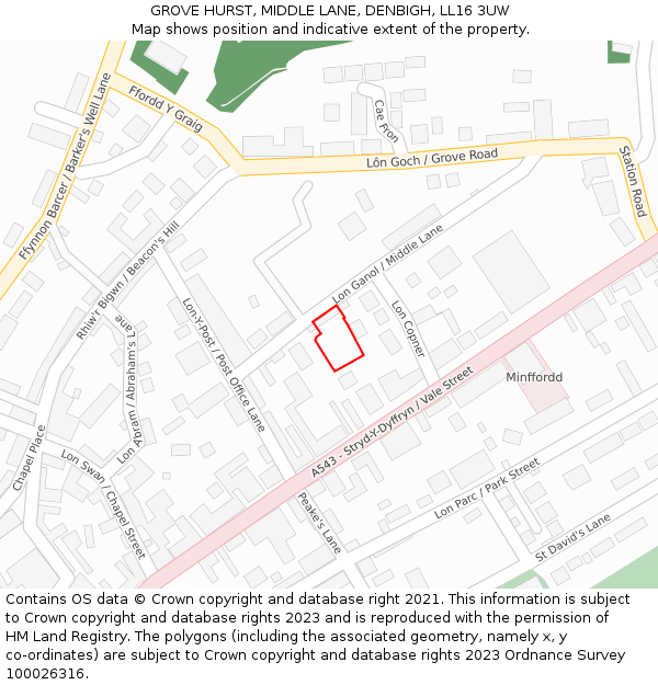 GROVE HURST, MIDDLE LANE, DENBIGH, LL16 3UW: Location map and indicative extent of plot