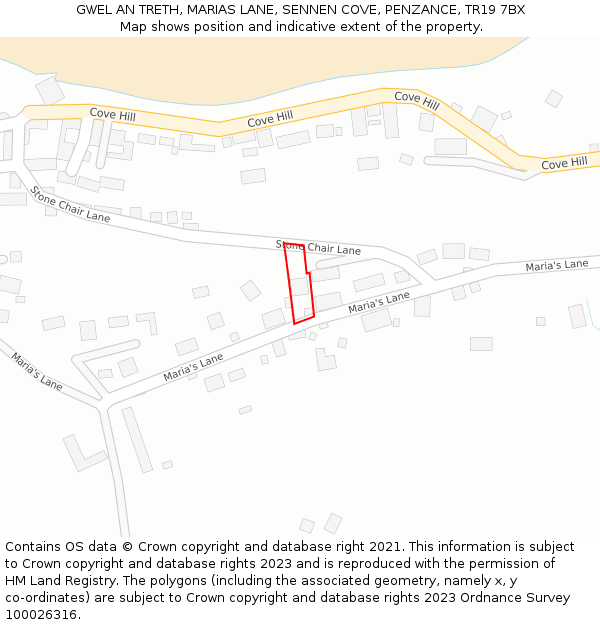 GWEL AN TRETH, MARIAS LANE, SENNEN COVE, PENZANCE, TR19 7BX: Location map and indicative extent of plot