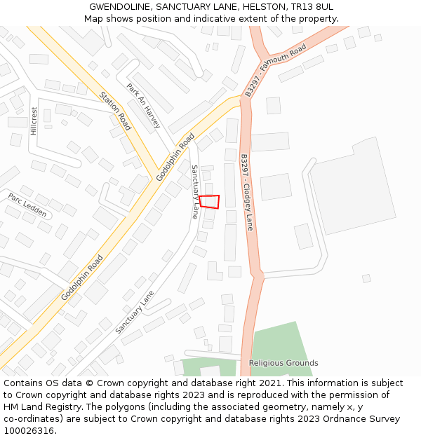 GWENDOLINE, SANCTUARY LANE, HELSTON, TR13 8UL: Location map and indicative extent of plot