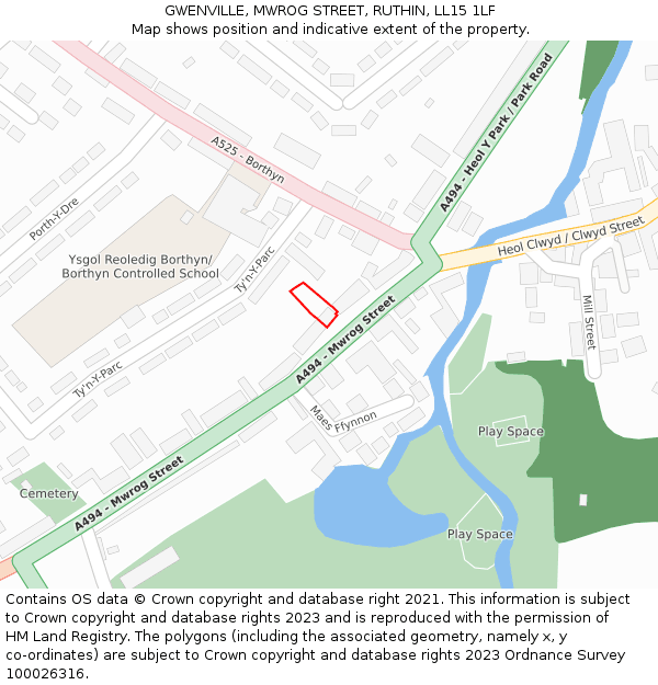 GWENVILLE, MWROG STREET, RUTHIN, LL15 1LF: Location map and indicative extent of plot