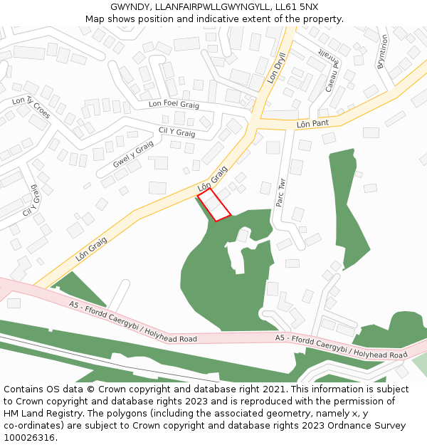 GWYNDY, LLANFAIRPWLLGWYNGYLL, LL61 5NX: Location map and indicative extent of plot