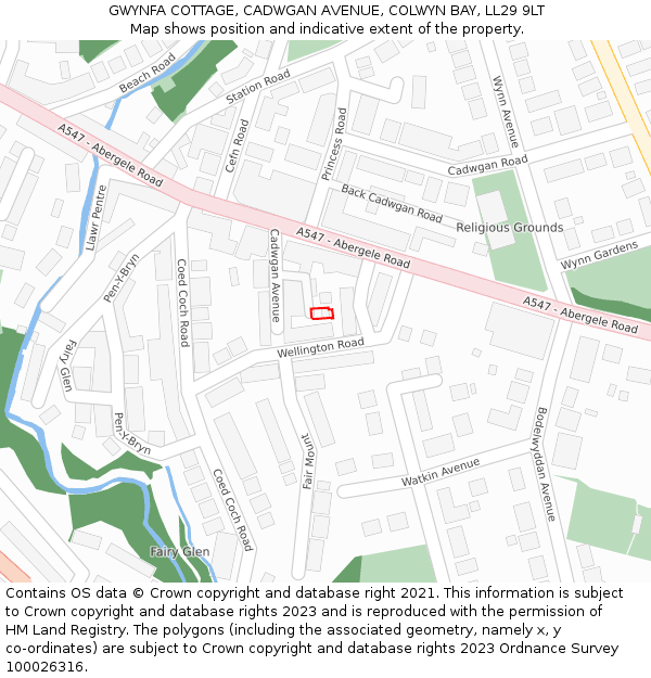 GWYNFA COTTAGE, CADWGAN AVENUE, COLWYN BAY, LL29 9LT: Location map and indicative extent of plot