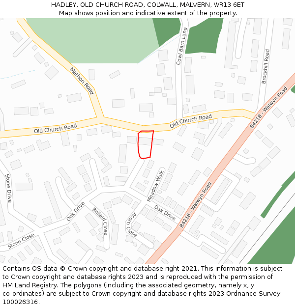 HADLEY, OLD CHURCH ROAD, COLWALL, MALVERN, WR13 6ET: Location map and indicative extent of plot