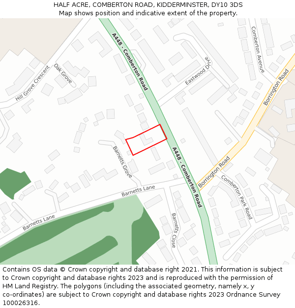 HALF ACRE, COMBERTON ROAD, KIDDERMINSTER, DY10 3DS: Location map and indicative extent of plot