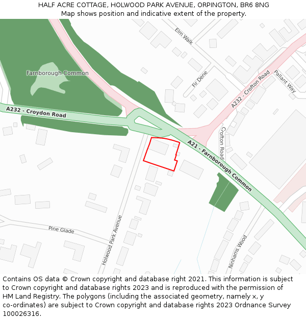 HALF ACRE COTTAGE, HOLWOOD PARK AVENUE, ORPINGTON, BR6 8NG: Location map and indicative extent of plot