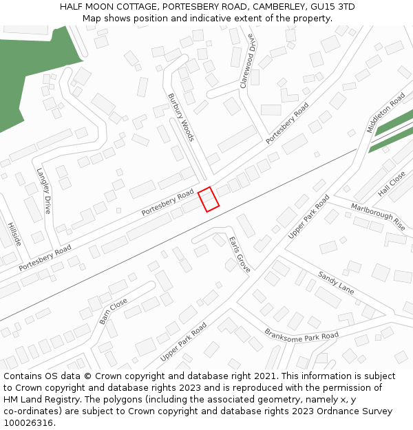 HALF MOON COTTAGE, PORTESBERY ROAD, CAMBERLEY, GU15 3TD: Location map and indicative extent of plot