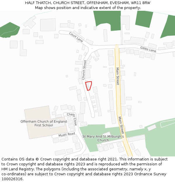 HALF THATCH, CHURCH STREET, OFFENHAM, EVESHAM, WR11 8RW: Location map and indicative extent of plot