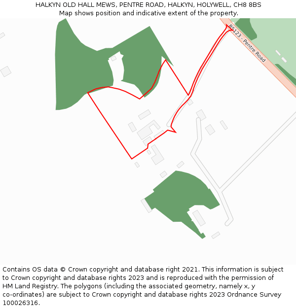 HALKYN OLD HALL MEWS, PENTRE ROAD, HALKYN, HOLYWELL, CH8 8BS: Location map and indicative extent of plot