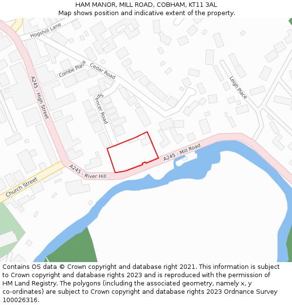 HAM MANOR, MILL ROAD, COBHAM, KT11 3AL: Location map and indicative extent of plot