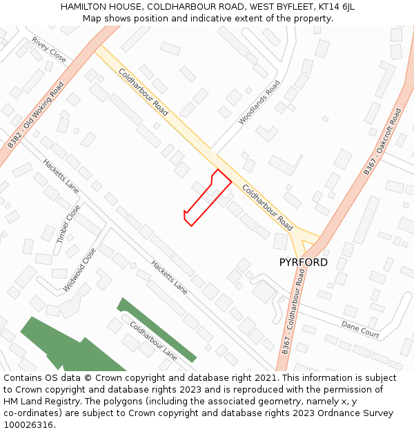 HAMILTON HOUSE, COLDHARBOUR ROAD, WEST BYFLEET, KT14 6JL: Location map and indicative extent of plot