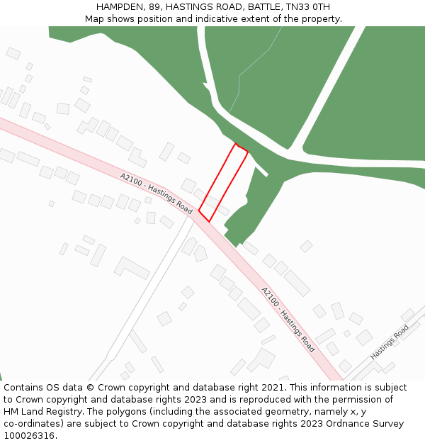 HAMPDEN, 89, HASTINGS ROAD, BATTLE, TN33 0TH: Location map and indicative extent of plot