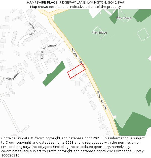 HAMPSHIRE PLACE, RIDGEWAY LANE, LYMINGTON, SO41 8AA: Location map and indicative extent of plot