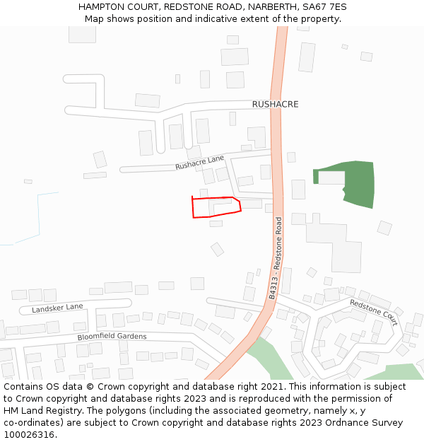 HAMPTON COURT, REDSTONE ROAD, NARBERTH, SA67 7ES: Location map and indicative extent of plot