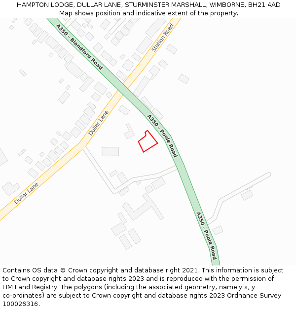 HAMPTON LODGE, DULLAR LANE, STURMINSTER MARSHALL, WIMBORNE, BH21 4AD: Location map and indicative extent of plot