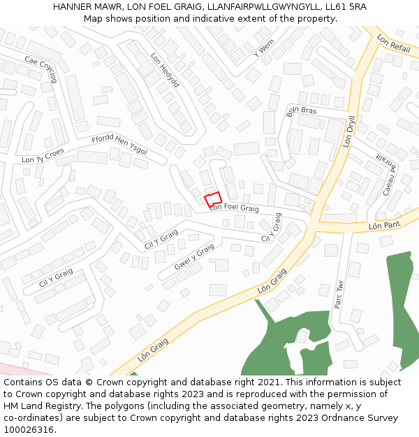 HANNER MAWR, LON FOEL GRAIG, LLANFAIRPWLLGWYNGYLL, LL61 5RA: Location map and indicative extent of plot