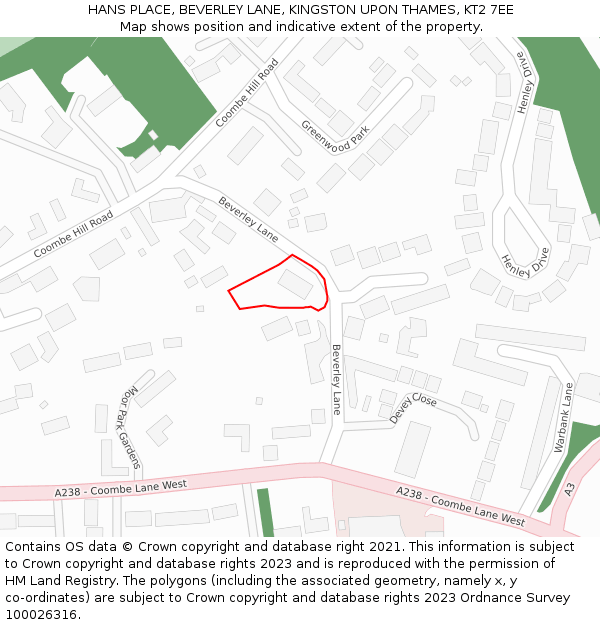 HANS PLACE, BEVERLEY LANE, KINGSTON UPON THAMES, KT2 7EE: Location map and indicative extent of plot