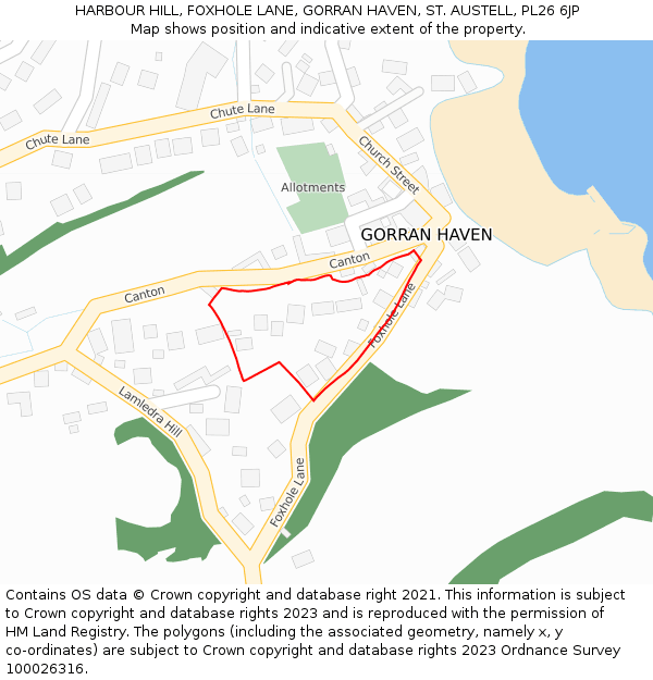 HARBOUR HILL, FOXHOLE LANE, GORRAN HAVEN, ST. AUSTELL, PL26 6JP: Location map and indicative extent of plot