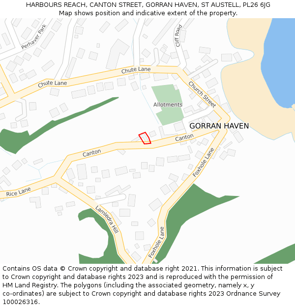HARBOURS REACH, CANTON STREET, GORRAN HAVEN, ST AUSTELL, PL26 6JG: Location map and indicative extent of plot