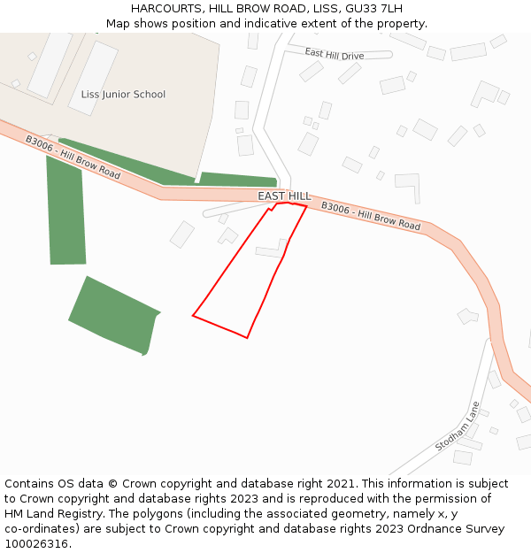 HARCOURTS, HILL BROW ROAD, LISS, GU33 7LH: Location map and indicative extent of plot