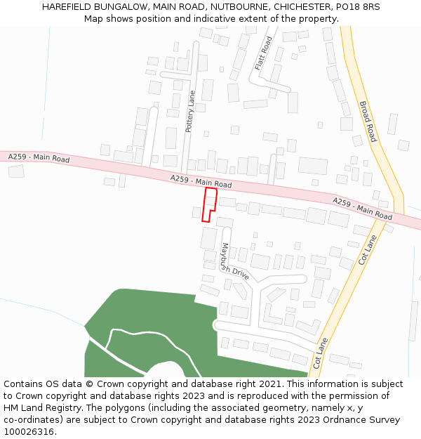 HAREFIELD BUNGALOW, MAIN ROAD, NUTBOURNE, CHICHESTER, PO18 8RS: Location map and indicative extent of plot