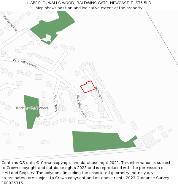 HARFIELD, WALLS WOOD, BALDWINS GATE, NEWCASTLE, ST5 5LD: Location map and indicative extent of plot