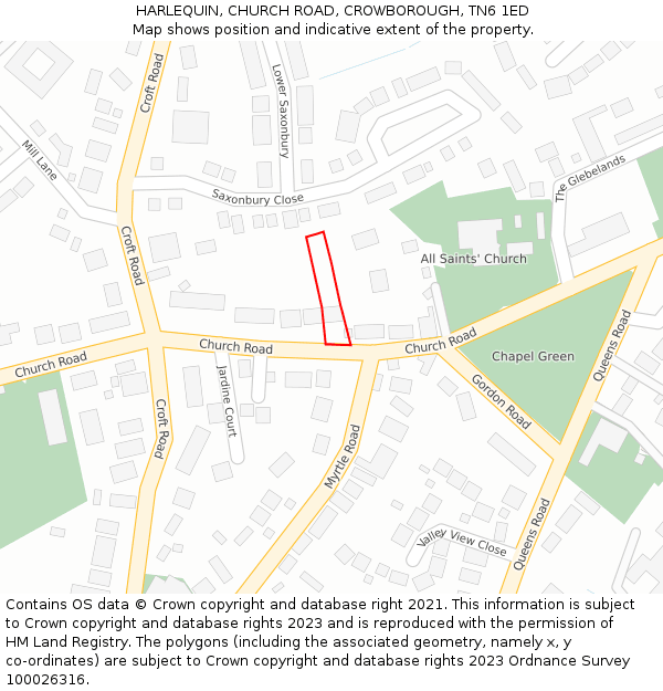 HARLEQUIN, CHURCH ROAD, CROWBOROUGH, TN6 1ED: Location map and indicative extent of plot