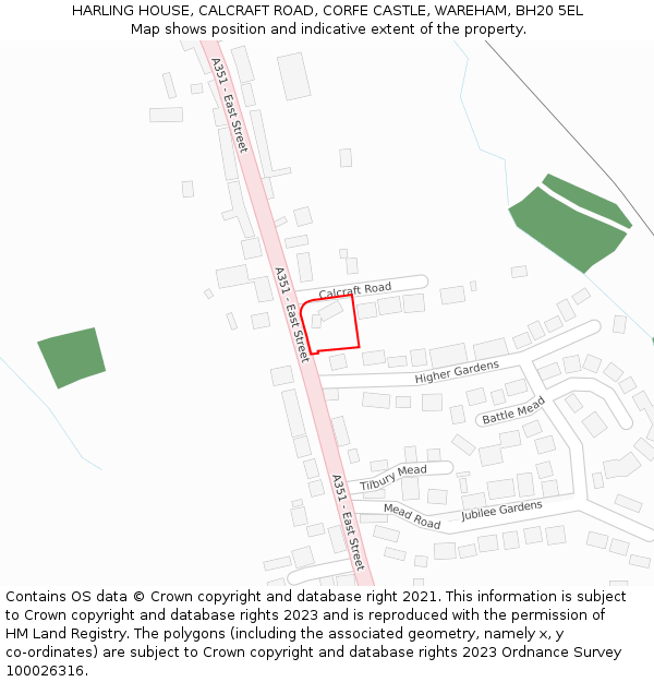 HARLING HOUSE, CALCRAFT ROAD, CORFE CASTLE, WAREHAM, BH20 5EL: Location map and indicative extent of plot