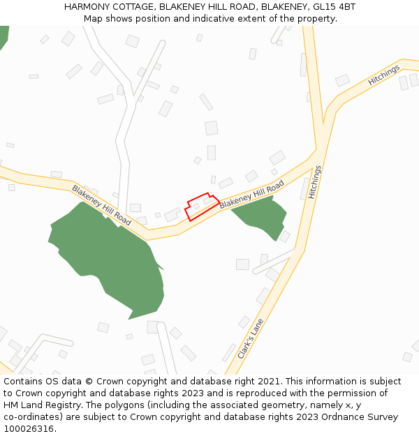 HARMONY COTTAGE, BLAKENEY HILL ROAD, BLAKENEY, GL15 4BT: Location map and indicative extent of plot
