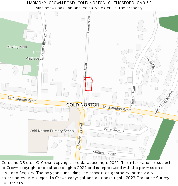 HARMONY, CROWN ROAD, COLD NORTON, CHELMSFORD, CM3 6JF: Location map and indicative extent of plot
