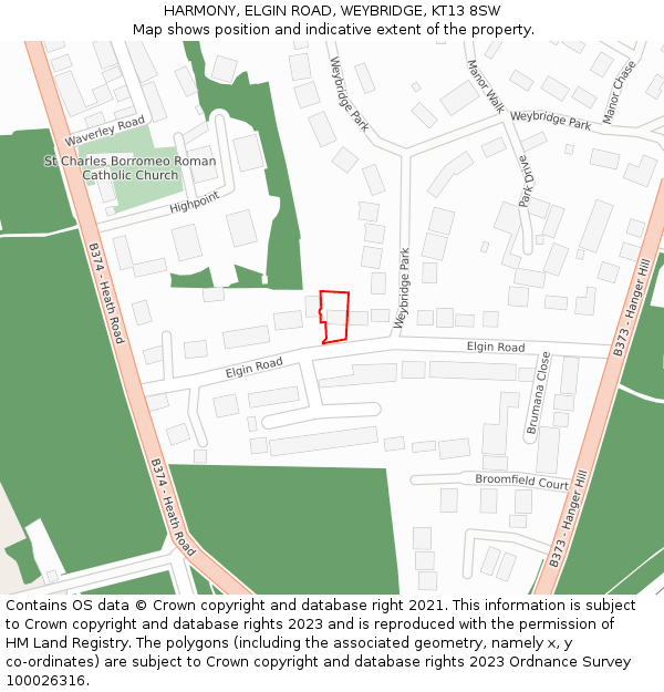 HARMONY, ELGIN ROAD, WEYBRIDGE, KT13 8SW: Location map and indicative extent of plot