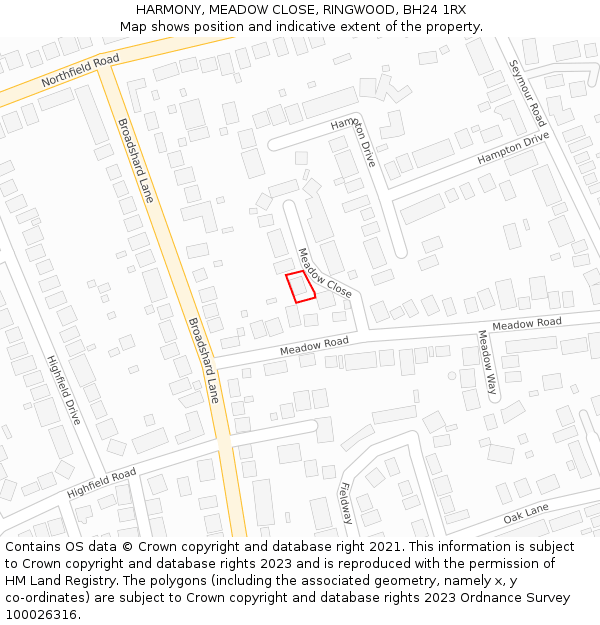 HARMONY, MEADOW CLOSE, RINGWOOD, BH24 1RX: Location map and indicative extent of plot