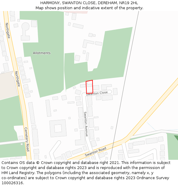 HARMONY, SWANTON CLOSE, DEREHAM, NR19 2HL: Location map and indicative extent of plot