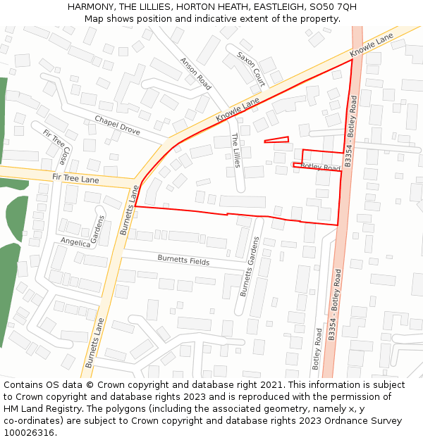 HARMONY, THE LILLIES, HORTON HEATH, EASTLEIGH, SO50 7QH: Location map and indicative extent of plot