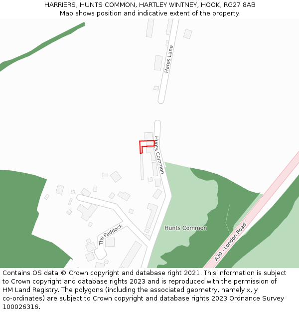 HARRIERS, HUNTS COMMON, HARTLEY WINTNEY, HOOK, RG27 8AB: Location map and indicative extent of plot