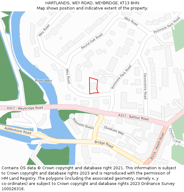 HARTLANDS, WEY ROAD, WEYBRIDGE, KT13 8HN: Location map and indicative extent of plot