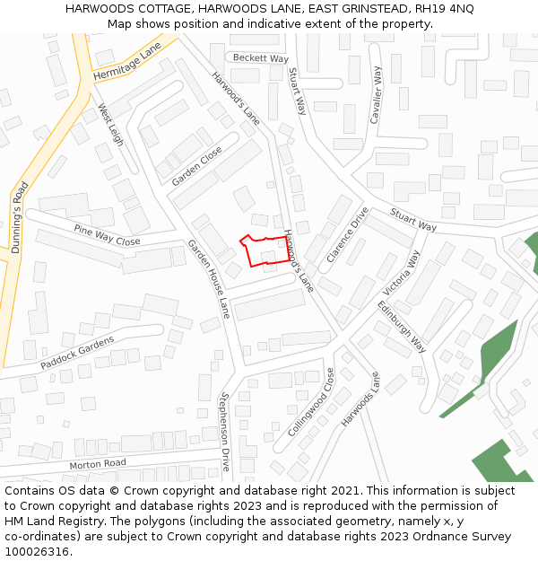 HARWOODS COTTAGE, HARWOODS LANE, EAST GRINSTEAD, RH19 4NQ: Location map and indicative extent of plot