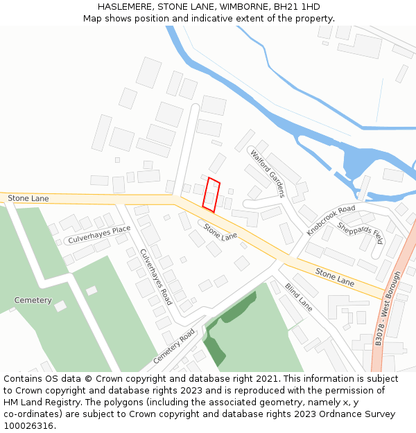 HASLEMERE, STONE LANE, WIMBORNE, BH21 1HD: Location map and indicative extent of plot