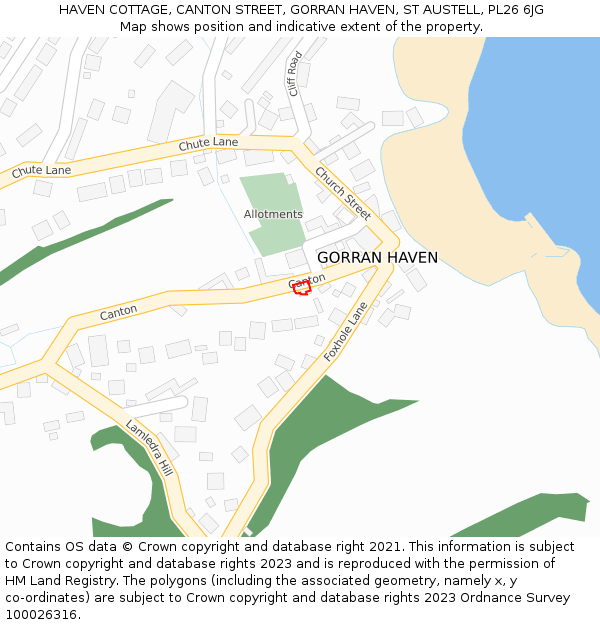 HAVEN COTTAGE, CANTON STREET, GORRAN HAVEN, ST AUSTELL, PL26 6JG: Location map and indicative extent of plot