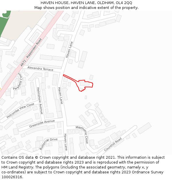 HAVEN HOUSE, HAVEN LANE, OLDHAM, OL4 2QQ: Location map and indicative extent of plot