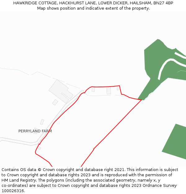 HAWKRIDGE COTTAGE, HACKHURST LANE, LOWER DICKER, HAILSHAM, BN27 4BP: Location map and indicative extent of plot