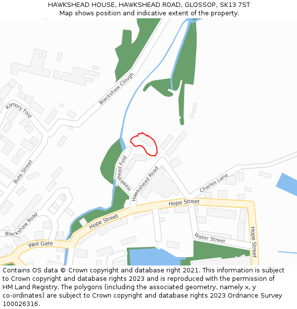 HAWKSHEAD HOUSE, HAWKSHEAD ROAD, GLOSSOP, SK13 7ST: Location map and indicative extent of plot
