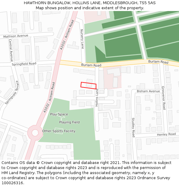 HAWTHORN BUNGALOW, HOLLINS LANE, MIDDLESBROUGH, TS5 5AS: Location map and indicative extent of plot
