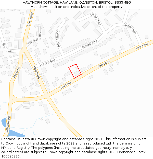 HAWTHORN COTTAGE, HAW LANE, OLVESTON, BRISTOL, BS35 4EG: Location map and indicative extent of plot