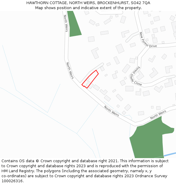 HAWTHORN COTTAGE, NORTH WEIRS, BROCKENHURST, SO42 7QA: Location map and indicative extent of plot