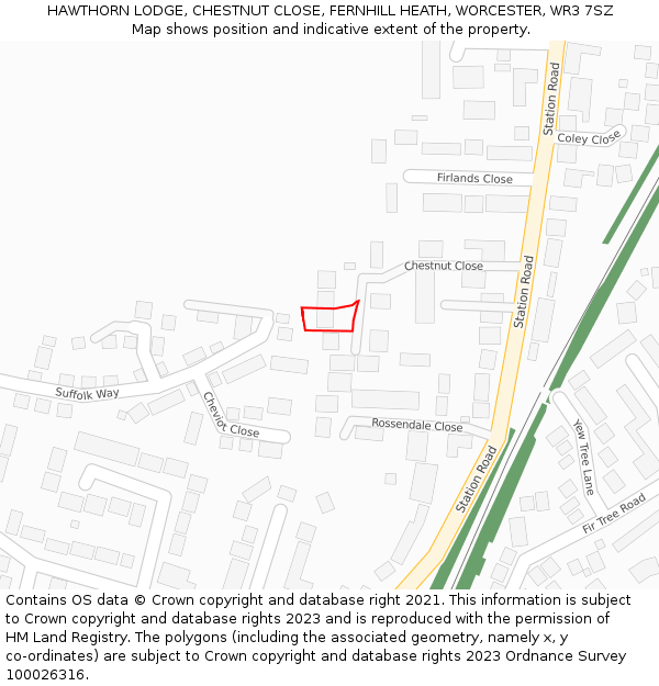 HAWTHORN LODGE, CHESTNUT CLOSE, FERNHILL HEATH, WORCESTER, WR3 7SZ: Location map and indicative extent of plot