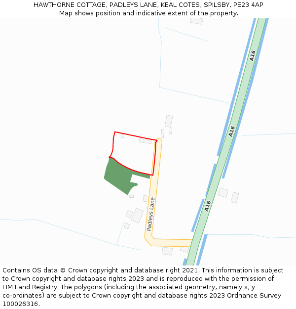 HAWTHORNE COTTAGE, PADLEYS LANE, KEAL COTES, SPILSBY, PE23 4AP: Location map and indicative extent of plot