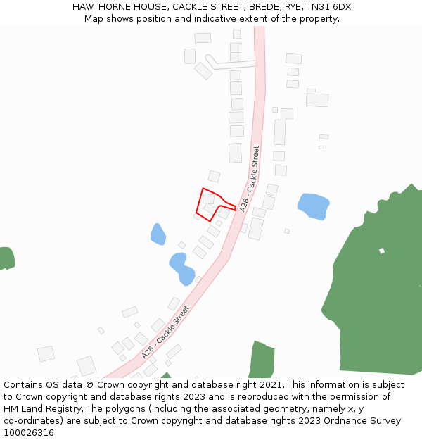 HAWTHORNE HOUSE, CACKLE STREET, BREDE, RYE, TN31 6DX: Location map and indicative extent of plot