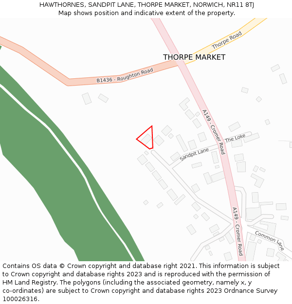 HAWTHORNES, SANDPIT LANE, THORPE MARKET, NORWICH, NR11 8TJ: Location map and indicative extent of plot