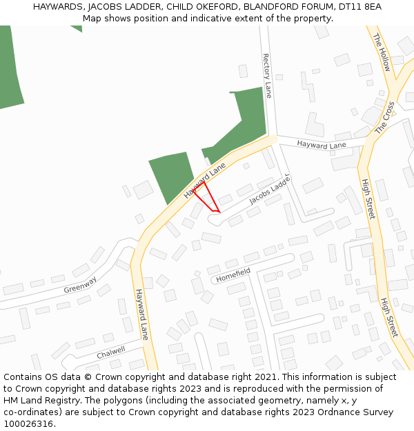 HAYWARDS, JACOBS LADDER, CHILD OKEFORD, BLANDFORD FORUM, DT11 8EA: Location map and indicative extent of plot