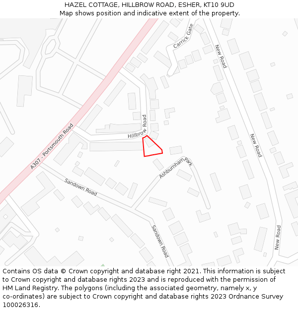 HAZEL COTTAGE, HILLBROW ROAD, ESHER, KT10 9UD: Location map and indicative extent of plot